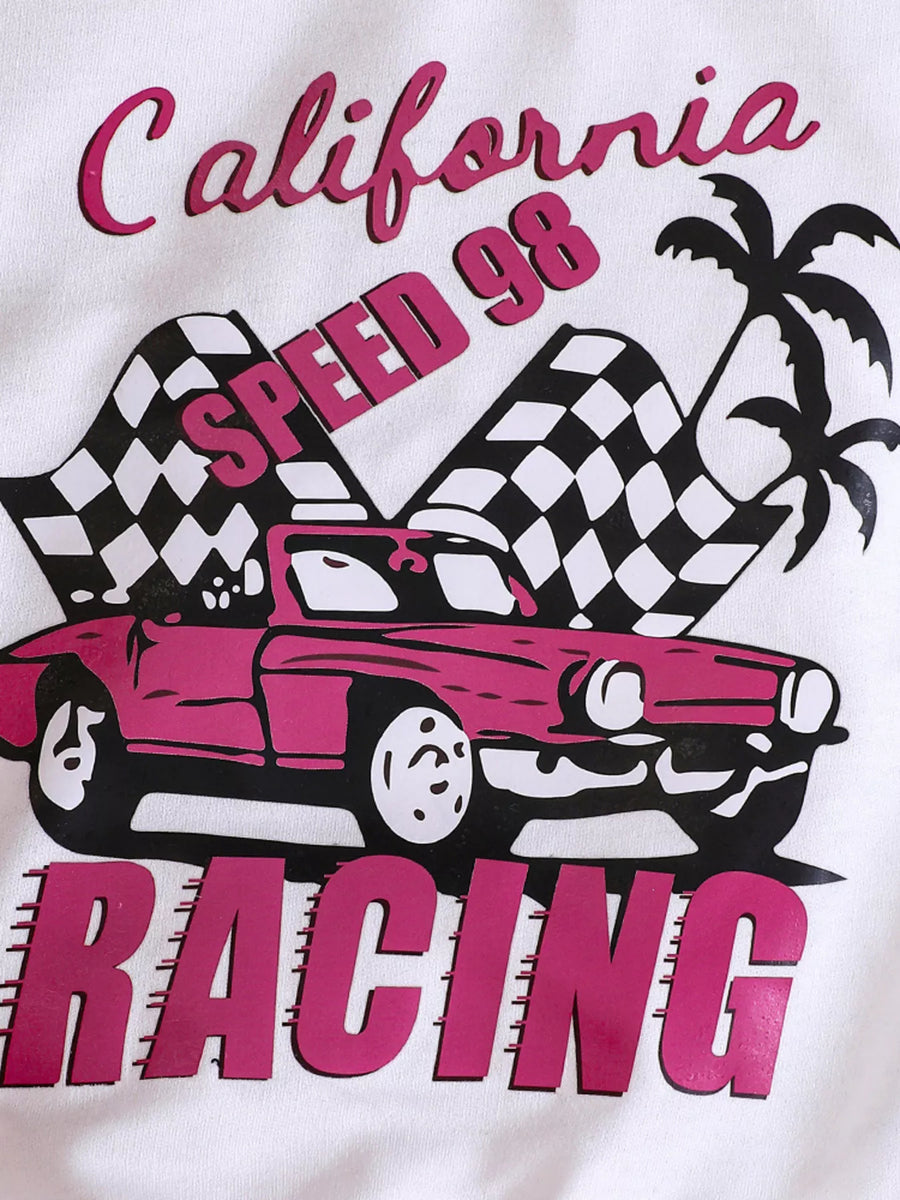 White crew-neck sweatshirt with California racing graphic and pink car.
