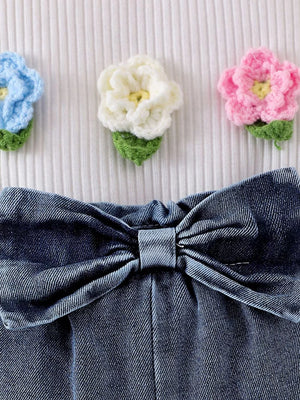 Children's Ruffled Flower Top And Denim Shorts Set option 5
