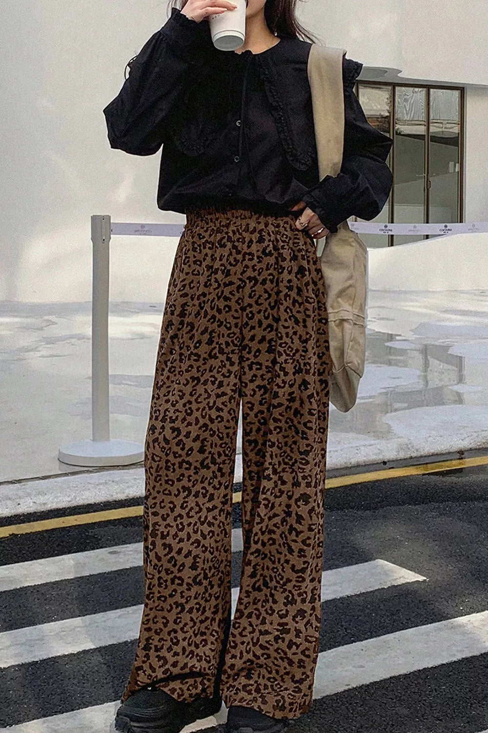 Coffee Brown Leopard Print Elastic High Waist Corduroy Pants