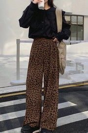 Coffee Brown Leopard Print Elastic High Waist Corduroy Pants