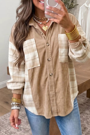 Camel Plaid Colorblock Shirt Collar Shift Shacket