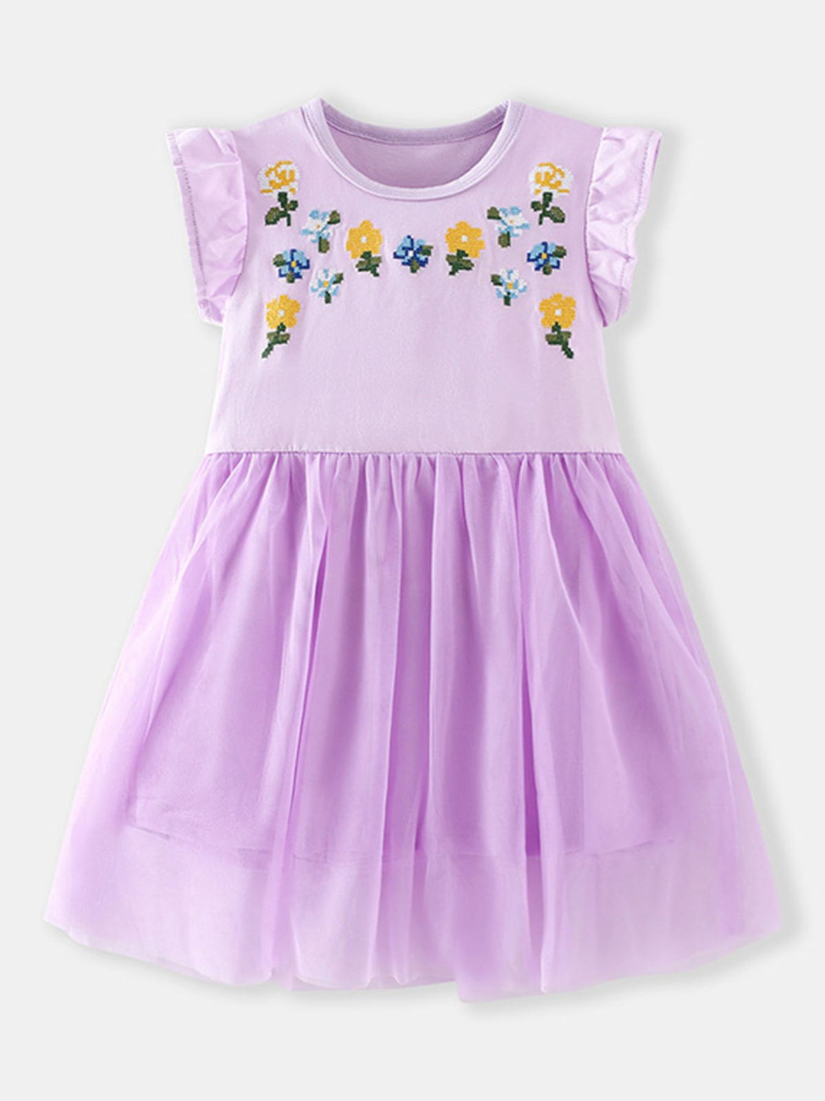 Lavender toddler dress with floral embroidery and ruffled sleeves, featuring a tulle skirt.