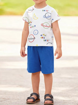 Children's white short sleeve tee with planet print and blue shorts set.