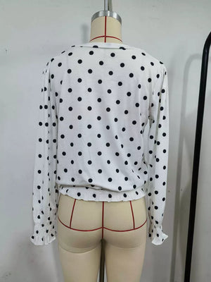 Polka Dot V-neck Smocked Blouse in White