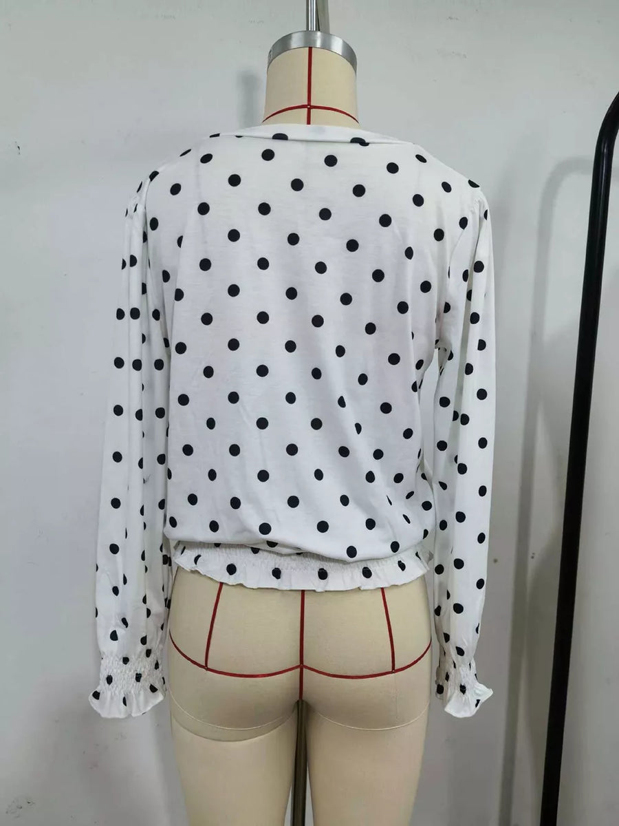Polka Dot V-neck Smocked Blouse in White