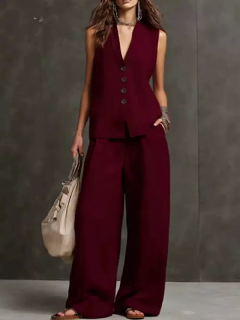 white two-piece set with pocketed and sleeveless