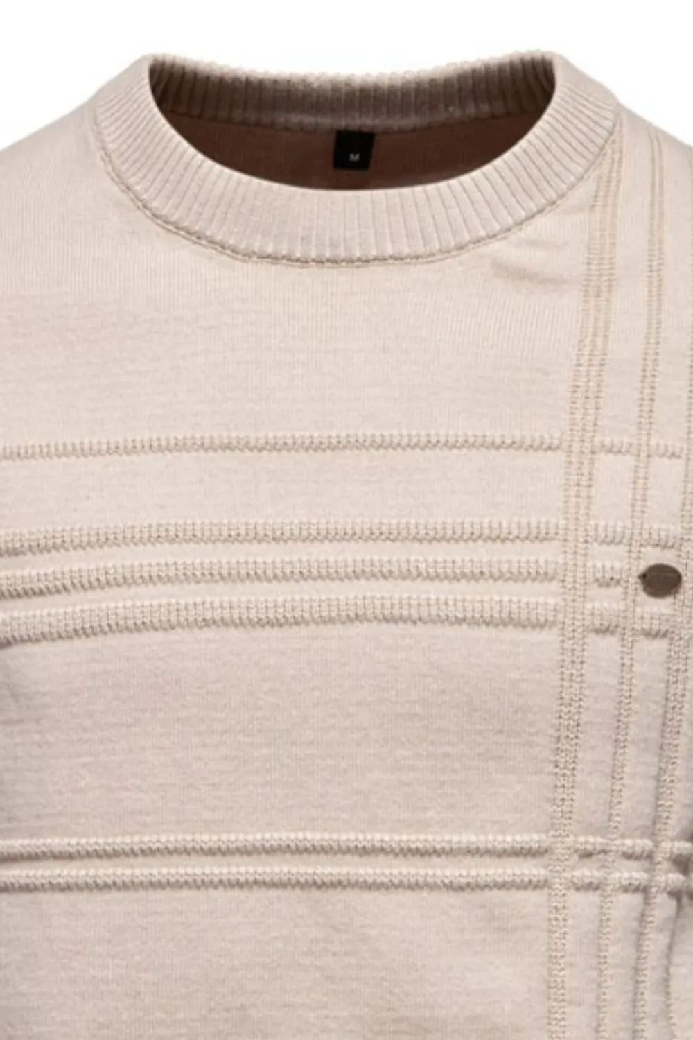 Textured crewneck knit sweater in Dust Storm with horizontal ribbed panels and a subtle plaid detail.