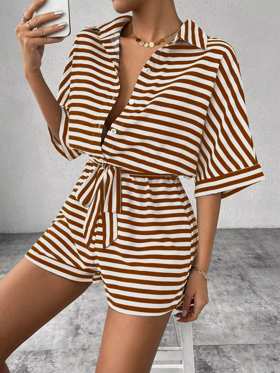 Striped Button Front Half Sleeve Romper in Dark Blue, view 11