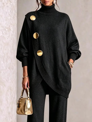 Gold Button Accent Turtleneck Sweater And Pants Set in Army Green with pocketed