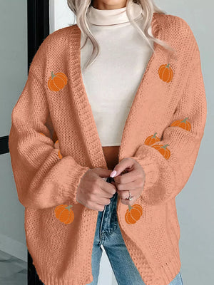 Embroidered pumpkin midi cardigan in sherbet with a relaxed fit and open front.