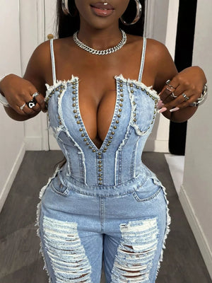 Distressed Spaghetti Strap Wide-leg Denim Jumpsuit in this colorway