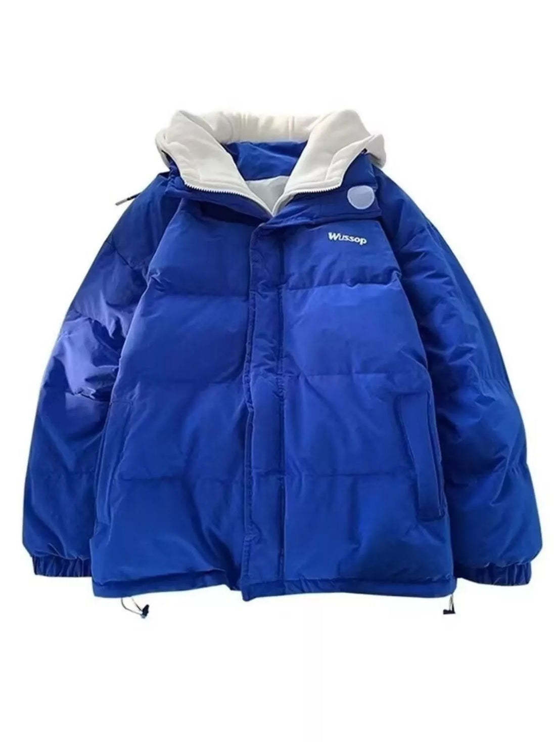 Men's blue quilted puffer jacket with white lining and embroidered logo detail.