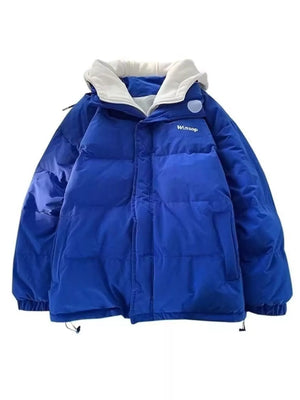 Men's blue quilted puffer jacket with white lining and embroidered logo detail.