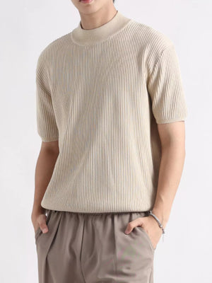 Men's ribbed knit mock neck t-shirt in Apricot, short sleeves, lightweight cotton blend.