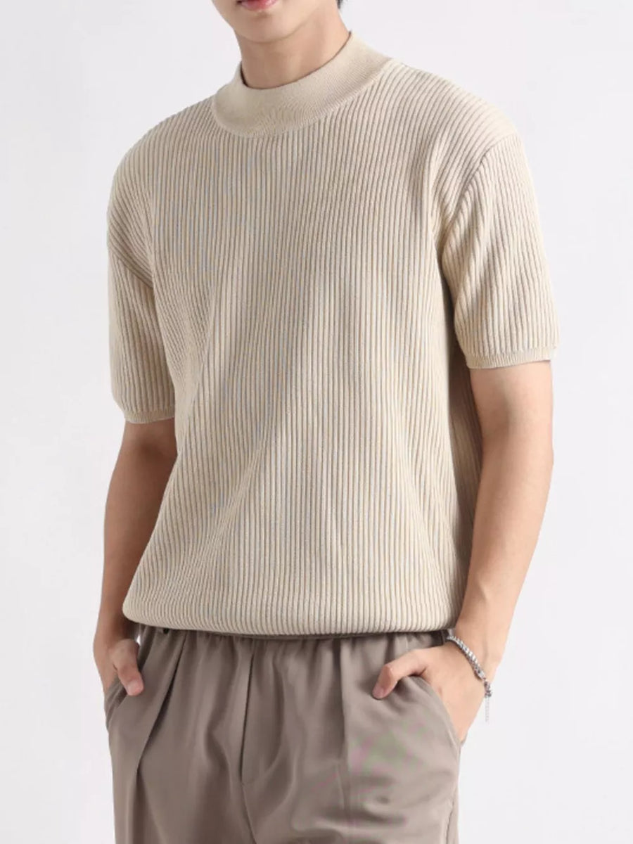 Men's ribbed knit mock neck t-shirt in Apricot, short sleeves, lightweight cotton blend.