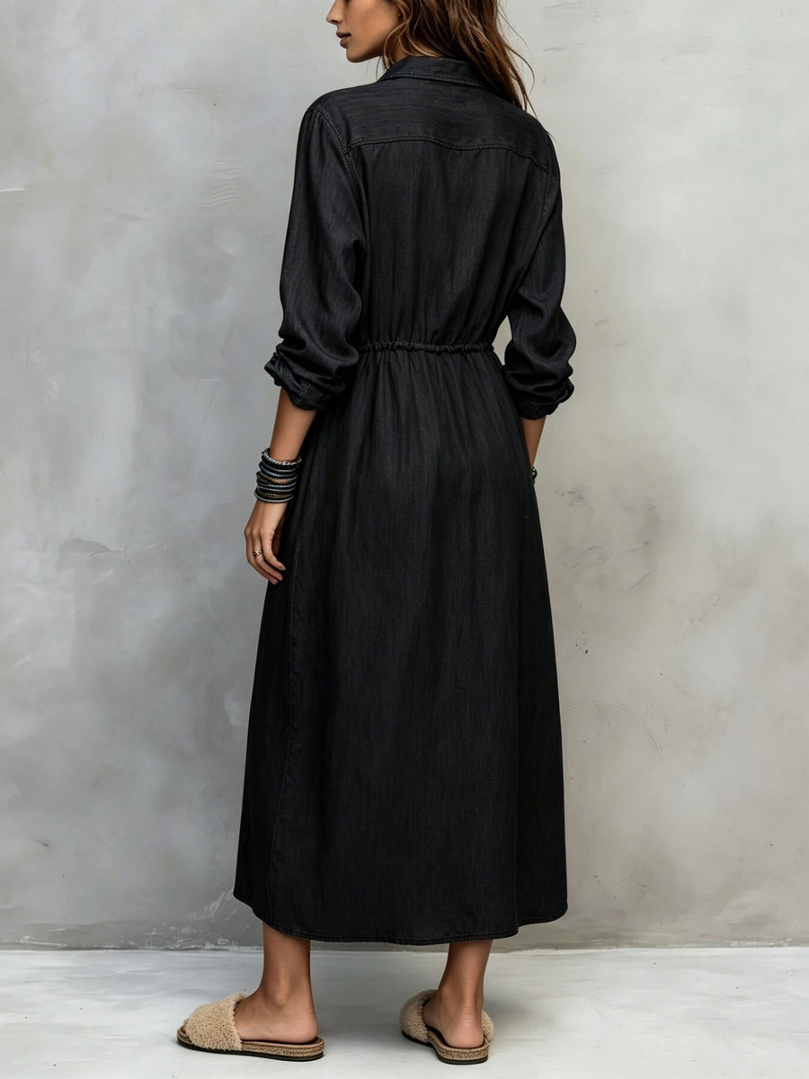 Full Size Button Front Long Sleeve Shirt Dress in Camel with chest pockets