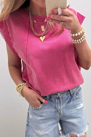 Pink mineral wash cap sleeve t-shirt with lace trim and a crew neck.