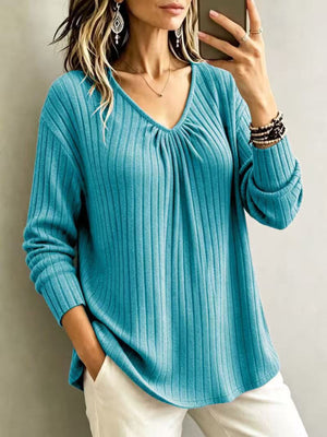 V-Neck Ribbed Long Sleeve T-Shirt in Pale Blush with ribbed