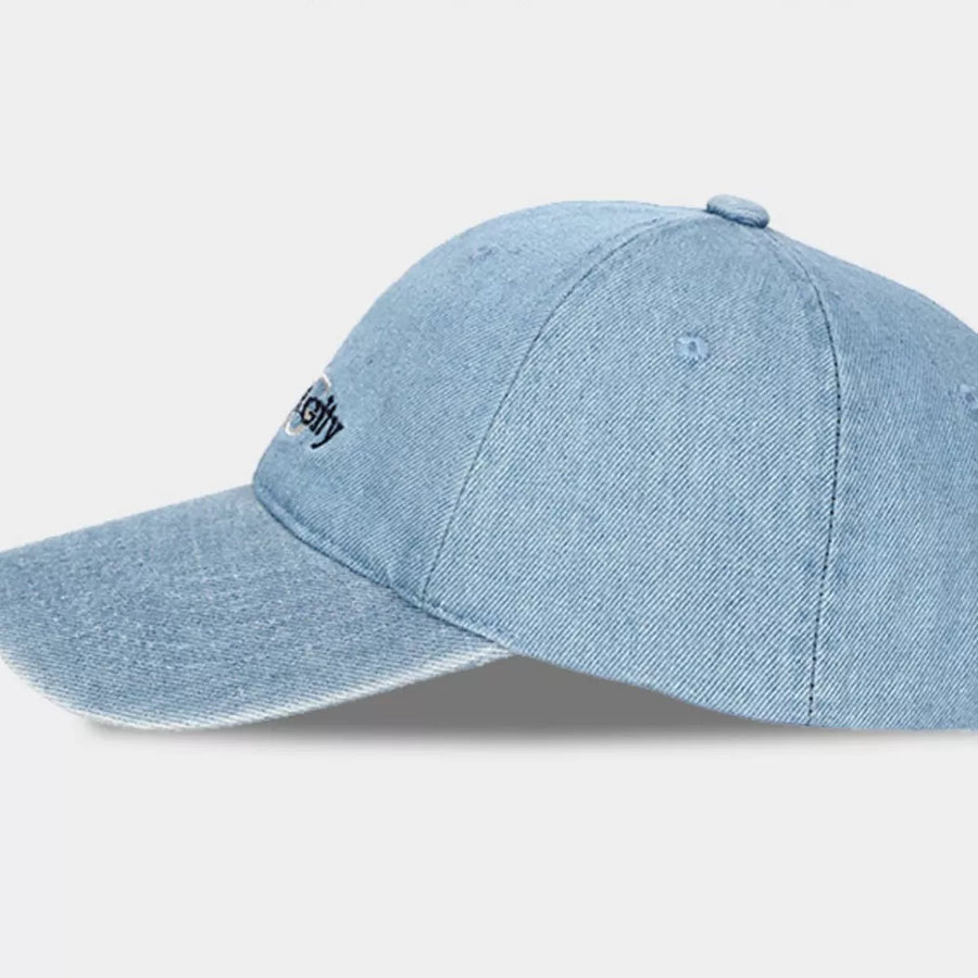 Light blue denim baseball cap with embroidered text detail