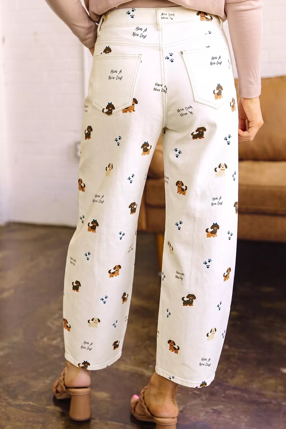 Abstract Dog Print Wide Leg Jeans in White
