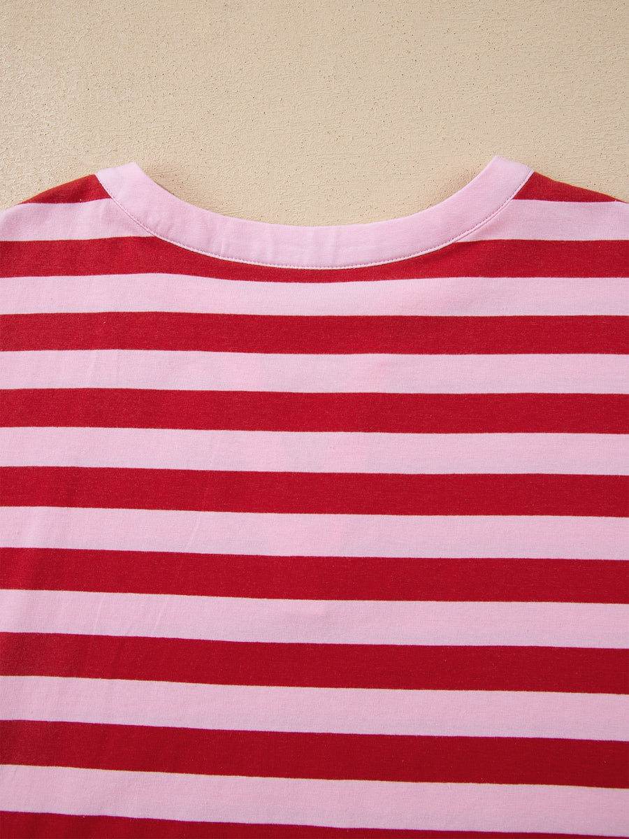 Red and pink striped cotton blend t-shirt with a split V-neckline.