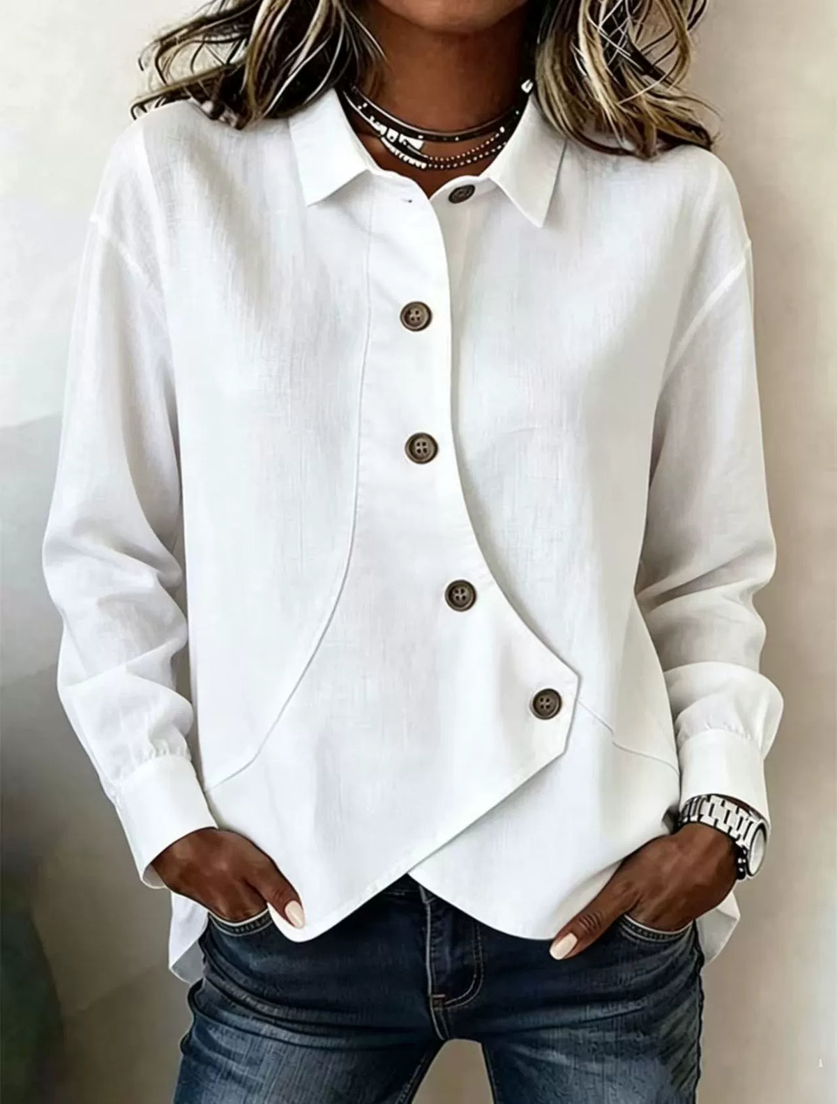 White Full Size Asymmetrical Button Down Shirt