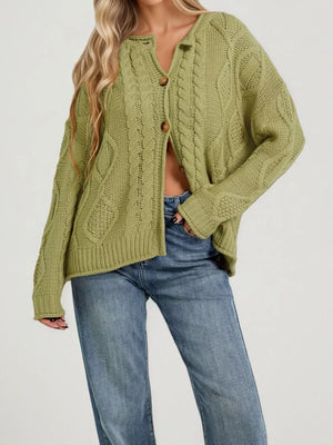 sage green cardigan with cable knit and v-neck