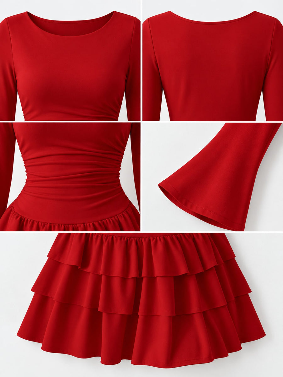 romantic mini dress in Burgundy with boat neck