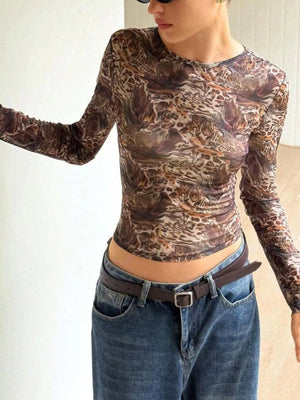 Brown sheer leopard print long-sleeve mesh top with a round neckline.