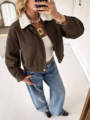 Brown trucker jacket with cropped and zip-front