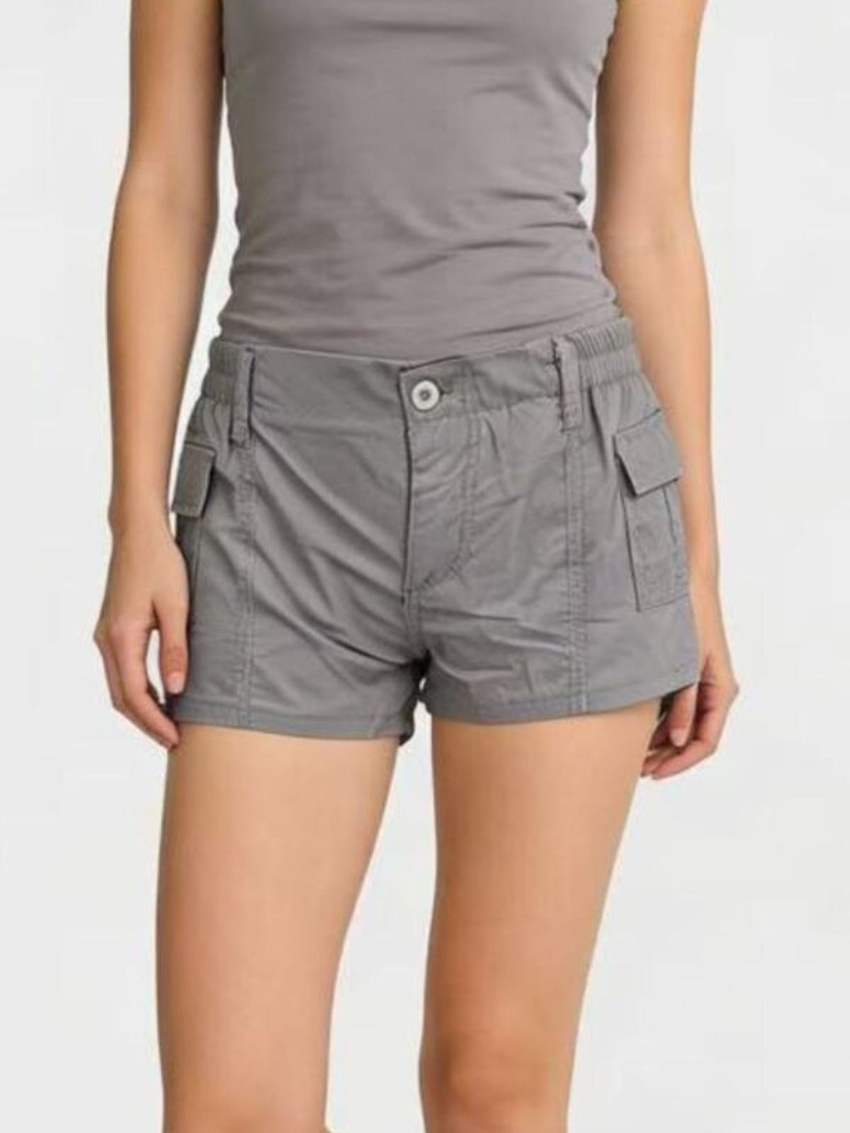Gray cargo shorts with button fly and multiple pockets