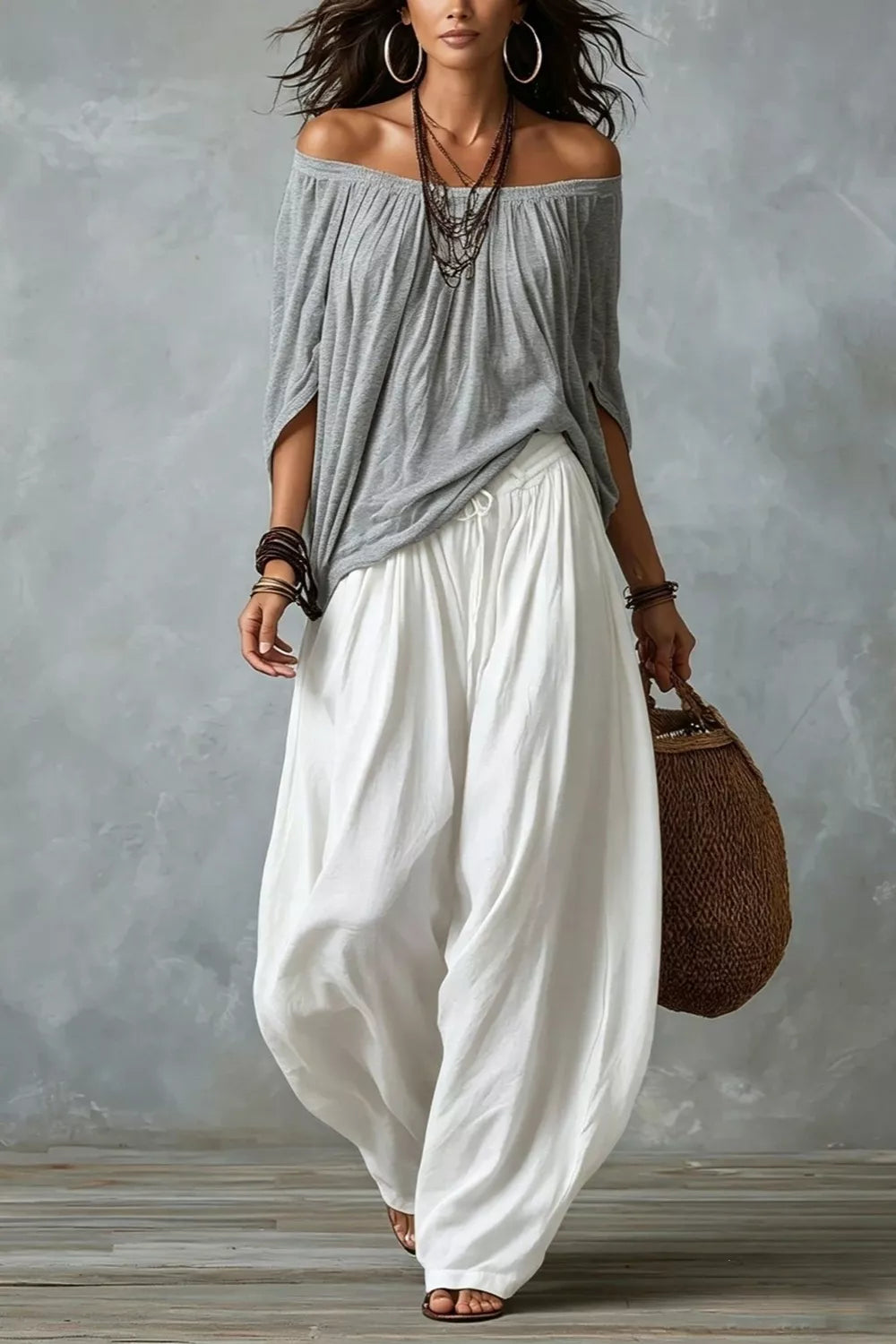 Off-shoulder Top And Wide-leg Pants Set Plus Size in Dusty Pink