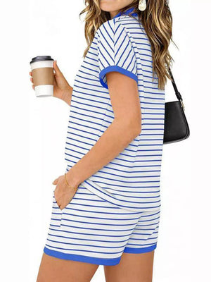 Blue striped polo shirt and shorts loungewear set with blue trim and pockets.