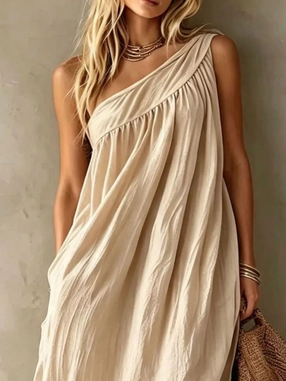 Sage loose maxi dress with one-shoulder