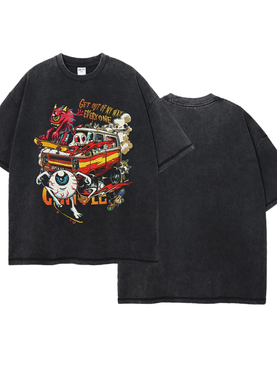 Acid wash black cotton graphic tee with cartoon print and text.