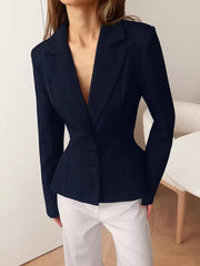 Lapel Collar Button Up Blazer in Navy Blue with buttoned