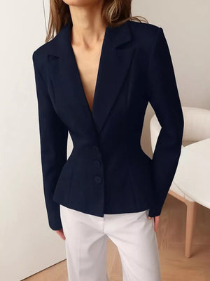 Lapel Collar Button Up Blazer in Navy Blue with buttoned