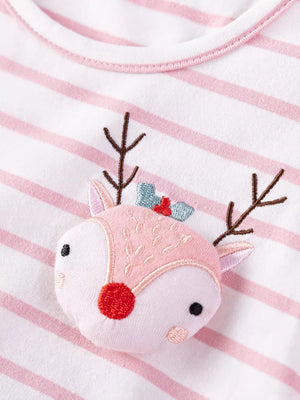 Pink and white striped t-shirt with a 3D embroidered reindeer face and antlers.