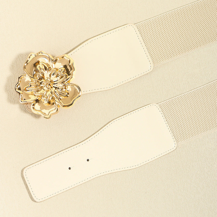 Ivory floral buckle stretch waist cincher belt with alloy buckle detail.