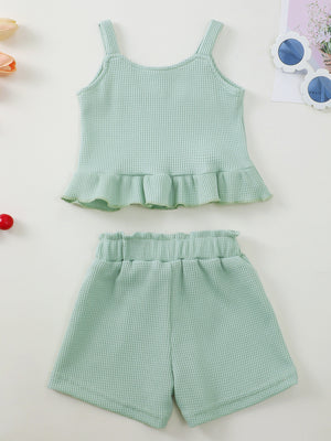 Green waffle knit tank with ruffle hem and bow shorts set