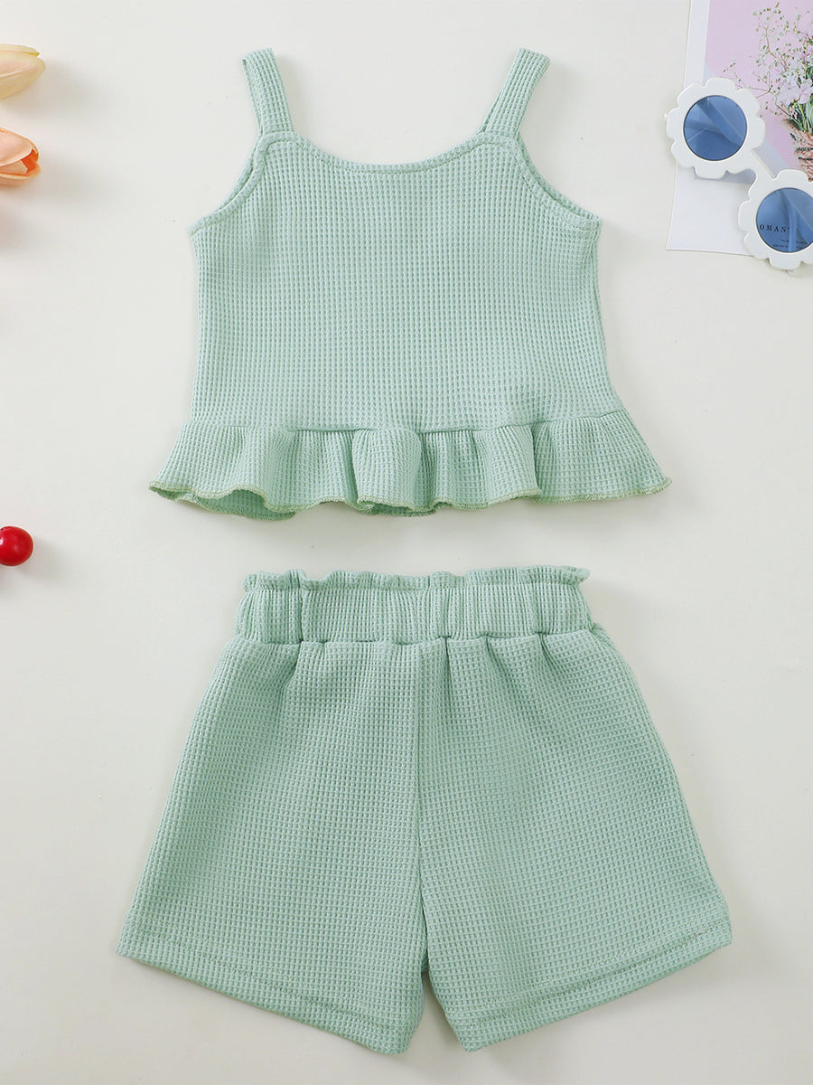 Green waffle knit tank with ruffle hem and bow shorts set
