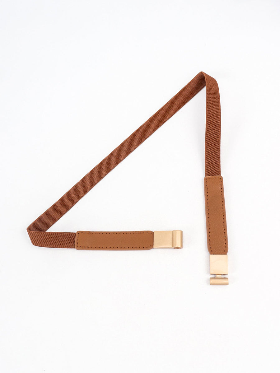 Caramel elasticated belt with leather detail and gold buckle closure