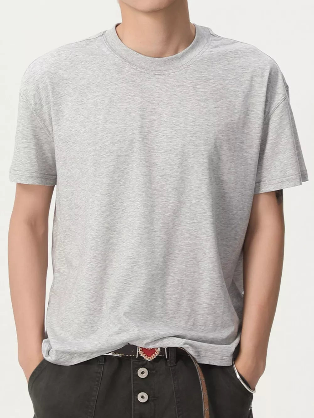 Men's light gray cotton crew neck t-shirt with relaxed fit