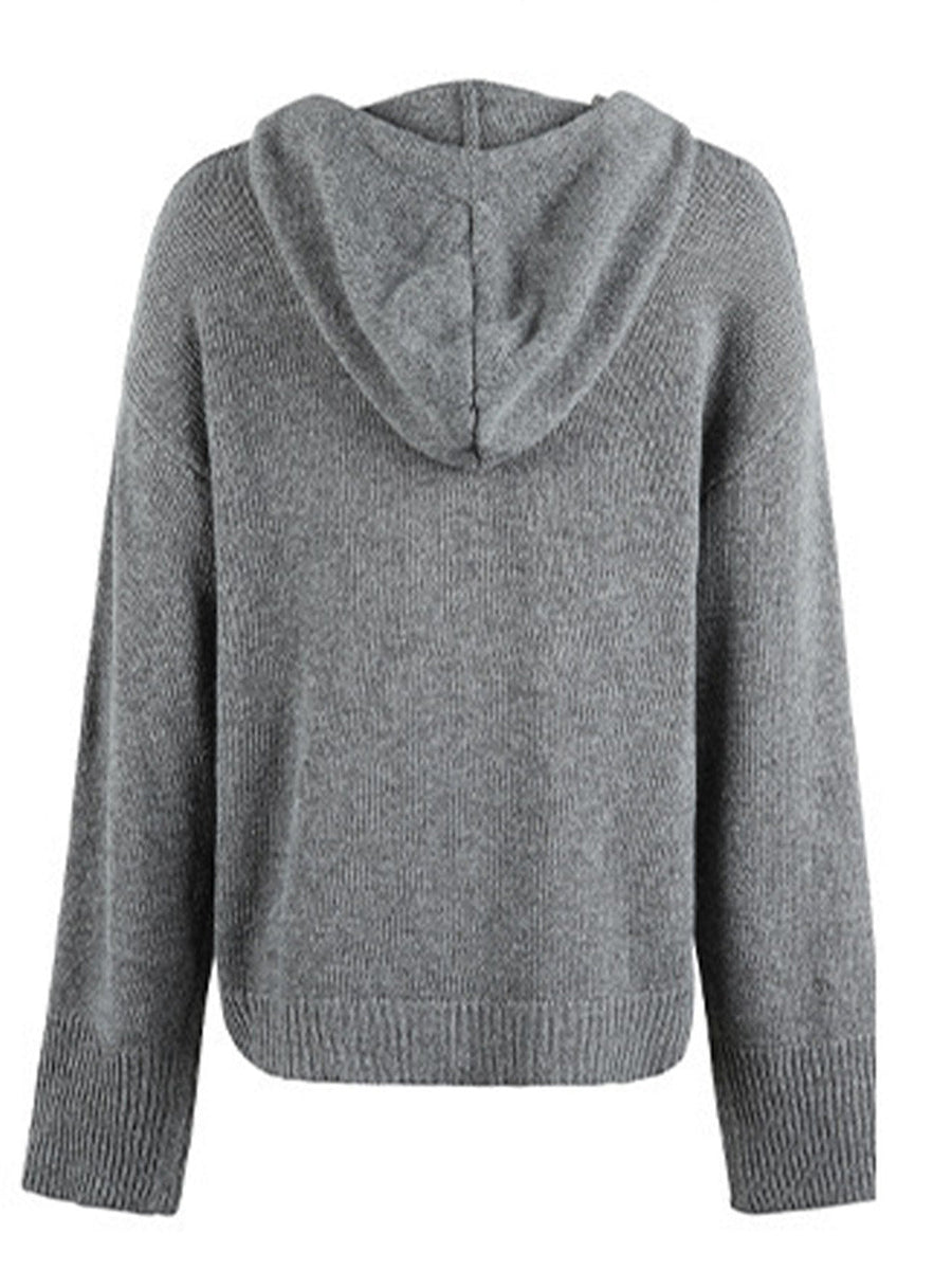 Relaxed knit hooded button-down cardigan in dark gray with ribbed cuffs and hem.