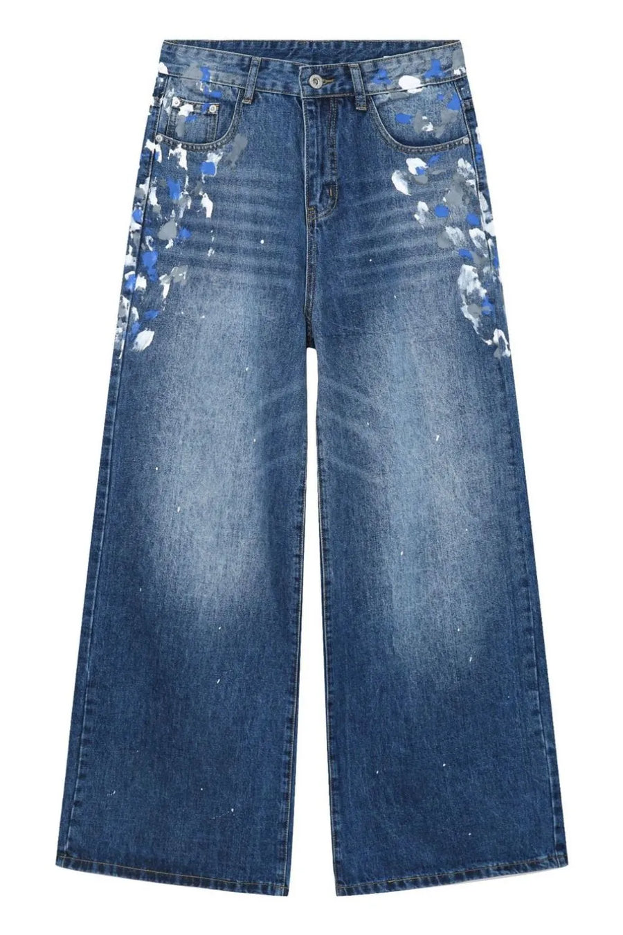 Painterly denim palazzo trousers in medium wash with artistic blue and white paint splatters.