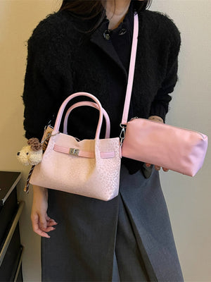 light pink PU Leather Imported Size &amp crossbody bag with leopard and buckle