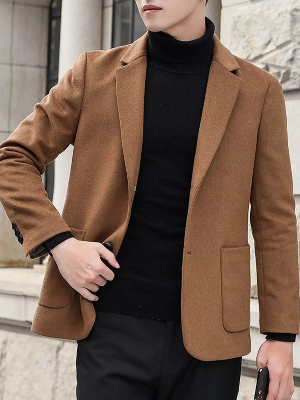 Men's khaki lapel collar blazer with button closure and pocket details.