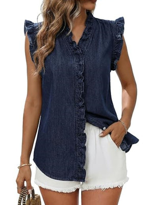 Ruffle Trim V-Neck Sleeveless Denim Top in medium blue with ruffled