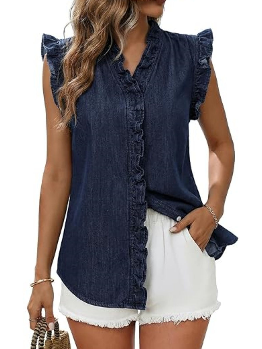 Ruffle Trim V-Neck Sleeveless Denim Top in medium blue with ruffled