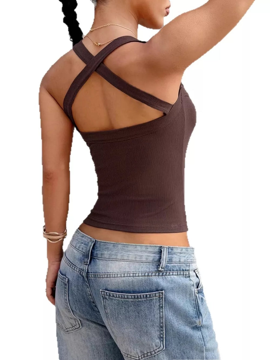 Dark brown ribbed cami with square neckline and crisscross back straps.